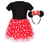 Costume per Bambini per 5-7 anni: Abito in tulle a pois rossi con blusa nera a maniche corte, cerchietto con orecchie di topo e un fiocco vistoso, per tutti i giorni, carnevale, compleanni e feste