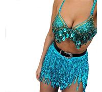 Costume per danza del ventre, da donna, con paillettes, nappe, gonna glitterata, per danza del ventre, gonna per carnevale, frange, costume da rave, mini gonna avvolgente, blu