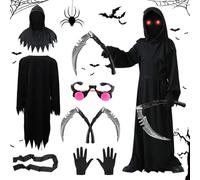 Costume per Halloween, costume per bambini, 120 cm, con doppio sensore, costume di Halloween con occhi rossi luminosi, mantello nero scream, falce della morte, per Halloween, cosplay, bambini dai 6 ai