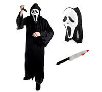 Costume per Halloween da adulto fantasma Killer, con cappuccio nero, maschera da fantasma urlante e coltello insanguinato da 30,5 cm, costume da uomo per travestimento da film horror, taglia L