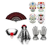 Costume per il Giorno dei Morti 5 pezzi vintage Halloween con velo a rose