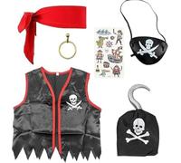 Costume Pirata Bambino O Costume Pirata Bambina. Accessori Bandana Pirata + Uncino + Patch Pirata+ Gilet Pirata+ Orecchino + Tatuaggi. Costume per bambini, carnevale, Natale, Halloween o compleanno.