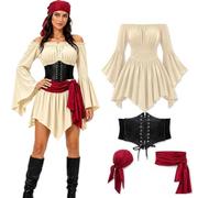 Costume Pirata Donna Halloween, Set 4 Pezzi Vestito Medievale Gotico | Corsetto Stringivita Regolabile, Bandana e Fascia Lunga, Abito da Piratessa con Maniche Campana per Carnevale Feste Cosplay