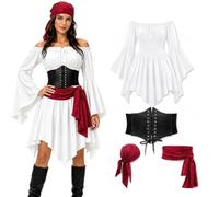 Costume Pirata Donna Halloween, Set 4 Pezzi Vestito Medievale Gotico | Corsetto Stringivita Regolabile, Bandana e Fascia Lunga, Abito da Piratessa con Maniche Campana per Carnevale Feste Cosplay