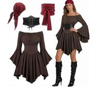 Costume Pirata Donna Set Completo Medievale Abito Off Shoulder Strato con Corsetto Nero Bandana e Fascia Rossa Top a Spalle Scoperte per Carnevale Halloween Feste a Tema Rinascimentale Taglie XS-5XL