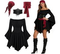 Costume Pirata Donna Set Completo Medievale Abito Off Shoulder Strato con Corsetto Nero Bandana e Fascia Rossa Top a Spalle Scoperte per Carnevale Halloween Feste a Tema Rinascimentale Taglie XS-5XL