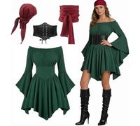 Costume Pirata Donna Set Completo Medievale Abito Off Shoulder Strato con Corsetto Nero Bandana e Fascia Rossa Top a Spalle Scoperte per Carnevale Halloween Feste a Tema Rinascimentale Taglie XS-5XL