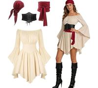 Costume Pirata Donna Set Completo Medievale Abito Off Shoulder Strato con Corsetto Nero Bandana e Fascia Rossa Top a Spalle Scoperte per Carnevale Halloween Feste a Tema Rinascimentale Taglie XS-5XL