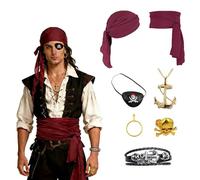 Costume Pirata Medievale Unisex, Set Accessori Pirata Completo 7 Pezzi, Costume da Pirata Uomo Donna con Bandana Cintura Fascia, Accessori Pirata per Halloween Feste Medievali Recite (Claret)