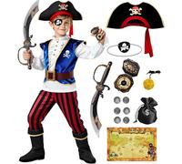 Costume Pirata per Bambini con Giocattolo Pirata Cappello Benda Bussola Mappa Accessori Vestito Pirata Cosplay Party Halloween Carnevale per Bambini Ragazzi 3 4 5 6 7 8 9 10 11 Anni (140, 9-10 anni)
