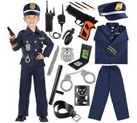 Costume Poliziotto Bambino, Polizia Costume Bambini con Polizia Camicia Pantaloni,Manette Polizia,Cappello Polizia,Distintivo Polizia,Walkie-Talkie Giocattolo Police Costume Halloween Carnevale
