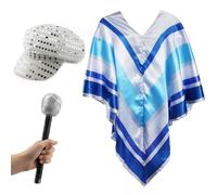 Costume pop star discoteca anni '70 - poncho blu, cappello con paillettes argento e microfono glitterato - divertente costume per Eurovision, karaoke, addio al celibato e feste a tema