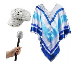 Costume pop star discoteca anni '70 - poncho blu, cappello con paillettes argento e microfono glitterato - divertente costume per Eurovision, karaoke, addio al celibato e feste a tema
