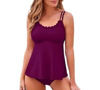 Costume Push up Donna Imbottito Set Bagno Women's 2 Piece Solid Color Swimsuit with Breast Without Bracket Straps Lace Tankini Round Lace Double Straps Bikini Vita Alta Donna Gonna Costume (Wine, S)