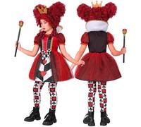 Costume Regina di Cuori Bambina Abito Rosso e Nero con Motivi Carte da Gioco e Corona Travestimento Fiaba per Carnevale Feste a Tema Recite e Cosplay