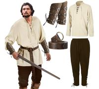 Costume rinascimentale da uomo, 5 pezzi, medievale, retrò, vichingo, maniche lunghe, pantaloni con cinturino alla caviglia, cinturino in pelle PU, accessorio per Halloween, pirata