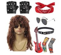 Costume Rocker Anni 80 - Outfit Hippie Disco Metallico - Con Parrucca e Occhiali da Sole per Uomo Donna Halloween Festa Musicale