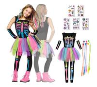 Costume Scheletro Multicolore Bambina, Bambini Vestito Scheletro Halloween Bambina Costume Deluxe Della Con Extension Per Capelli, Vestito Tutu Scheletro Fantasma Per Carnevale, Festa Cosplay (S)