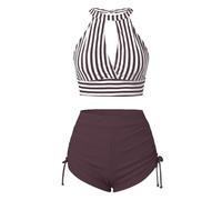 Costume Senza Segni Abbronzatura Bikini Brasiliana Solid Color Striped Two Piece Bikini Swimsuit Women Tight Sexy Donna Mare Nero Costumi da Mare Donna (Purple L)