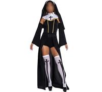 Costume sexy da suora da donna, con accessori, per Halloween, per la mamma, per giochi di ruolo, feste a tema (A-nero, L)
