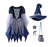 Costume Strega Bambina 4 Pezzi Vestito Blu Cappello Bacchetta Borsetta
