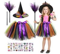Costume Strega Bambina, Vestito Carnevale Costumi Halloween Bambini, Con Cappello Strega E Scopa et des autocollants phosphorescents, Tulle Tutu, adapté au carnaval, à la fête cosplay, à Halloween