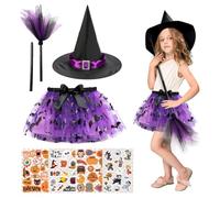 Costume Strega Bambina, Vestito Carnevale Halloween, Tutù E Cappello Set Con Scopa E 4 Adesivi, Per Cosplay Festa (Viola)