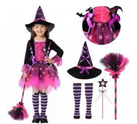 Costume Strega Bambina Vestito Strega Cappello Scopa Bacchetta Magica Stregatto per Abito Halloween Carnevale Compleanni Cosplay Festa