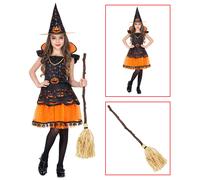 COSTUME STREGA CON ACCESSORI CAPPELLO SCOPA STORTA TRAVESTIMENTO HALLOWEEN 5/7A