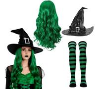 Costume Strega Donna Accessori Strega,Parrucca Viola Lunga Riccia con Cappello Strega Calze Parrucca Strega per Feste Cosplay Travestimento Halloween Donna - 70 CM