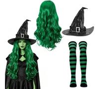 Costume Strega Donna Accessori Strega,Parrucca Viola Lunga Riccia con Cappello Strega Calze Parrucca Strega per Feste Cosplay Travestimento Halloween Donna - 70 CM
