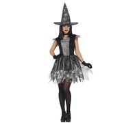 FIESTAS GUIRCA Costume da Strega Ragnatela Argentata - Vestito con Cappello da Strega - Costume Halloween Donna Taglia 46-48 L