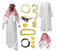 Costume Travestimento Da Sceicco Copricapo arabo, occhiali, collane, | Tunica Bianca Ampia e Lunga con Kefiah Ideale per Carnevale, Halloween e Servizi Fotografici