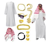 Costume Travestimento Da Sceicco Foulard, Occhiali, Collane E Bracciali Per | Tunica Bianca Ampia e Lunga con Kefiah Ideale per Carnevale, Halloween e Servizi Fotografici