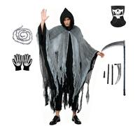 Costume Triste Mietitore Horror, Morte Mantello di Halloween, Grim Reaper Costume con Falce Della Morte Catene Guanti Cintura, per RHalloween Carnevale Cosplay (Black)