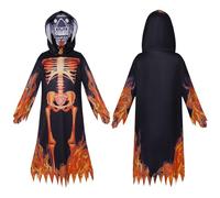 Costume unisex di Halloween spaventoso appariscente, mantello demone con cappuccio e stampa fiamma, costume fantasma in stile horror fantasma, travestimento con viso scheletrico per dolci o