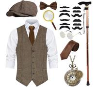 Costume Uomo Anno 20 Accessori, Gilet Marrone, Cavallette pieghevoli, Lente d'ingrandimento, Orologio da Tasca, Cappello Fedora, Costume da Gangster Mafioso per Uomo, Cosplay Carnevale di Halloween