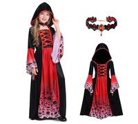 Costume Vampira Bambina,Costume da Vampiro Bambino,Vestito Vampiro Gotico con Collana,Vampira Strega Vestito per Halloween Carnevale Cosplay Party