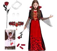 Costume Vampira Bambina Gotica,7 Pezzi Reale Vestito Halloween Bambina Denti Vampiro,Sangue Finto Accessori Vampira,Costume Regina Vampiro,Elegante Travestimento per Carnevale Cosplay XL(12-15 Anni)