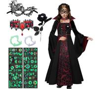 Costume Vampiro Bambina, Vestito da Vampiro Bambina con Accessori, Abito da vampiro bambina, Vampira Costume da Regina, Costumi da Vam-piro Gotici per Halloween, Carnevale, Cosplay Party (120)