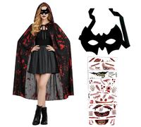 Costume Vampiro Dracula Halloween Mantello Cappuccio Maschera 150cm Sangue Rosso