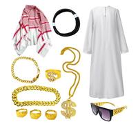 Costumes Arabes Fixés Pour Les Hommes - Robe White Sheik Pour Hommes Avec Foulard | Kit D'accessoires De Cosplay De 11 Pièces | Collier À Anneau Turban-lunettes De Soleil | Carnaval Halloween Play Pla