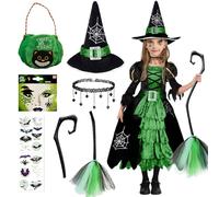 Costumes Stregas Bambina, Ragazze Halloween Strega Costume, Vestito Strega Bambina 3 4 5 10 Anni, 7 Pezzi Costume Halloween Bambine con Cappello, Costumes Stregas Ragazze per Carnevale Feste Cosplay