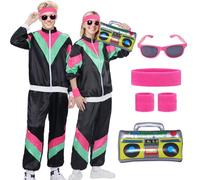 Costumi anni '80 '90 per adulti hip hop con giacca e pantaloni da discoteca set Costume da Tuta Retrò con Occhiali da Pilota Fascia polsini Gonfiabile radio di Carnevale Halloween, jogging (Nera, M)