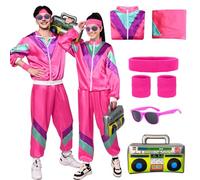 Costumi anni '80 anni '90, giacca e pantaloni Costume Tuta Retrò con Occhiali da Pilota Fascia per polsini Gonfiabile Radio per Feste di Carnevale Halloween festa di cattivo gusto (Rosa, S)