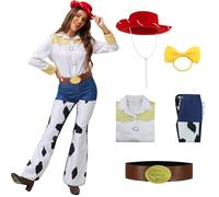 Costumi Cosplay per Anime Jessie Donna Toy Cowgirl Story Jessie Cappello Maglietta Jeans Cintura Fiocco Set Pantaloni Stampa Mucca Abiti di Halloween