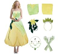 Costumi Cosplay per Anime Principessa Tiana Donna Vestito con Fiori Verdi Top Gonna Set Fascia Collana Orecchini Abiti di Halloween