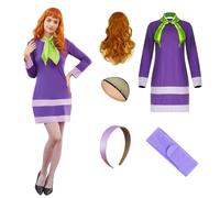 Costumi Cosplay per Anime Velma Donna Daphne Abito Marrone Bob Parrucca Occhiali Maglione Gonna Set Mini Abito Viola Tuta di Halloween
