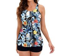 Costumi da bagno da donna Tankini set 2 pezzi controllo pancia costumi da bagno Blouson Swim Tank Top con pantaloncini ragazzo, T01 Blu Cielo, L