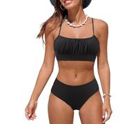 Costumi da Bagno per Donna a Due Pezzi Ruched Bandeau Bikini Set Regolabile Tracolla Costumi Donna Imbottito Push Up Bikini Top Sgambata a Vita Alta Fond Beachwear Swimwear(Nero,L)